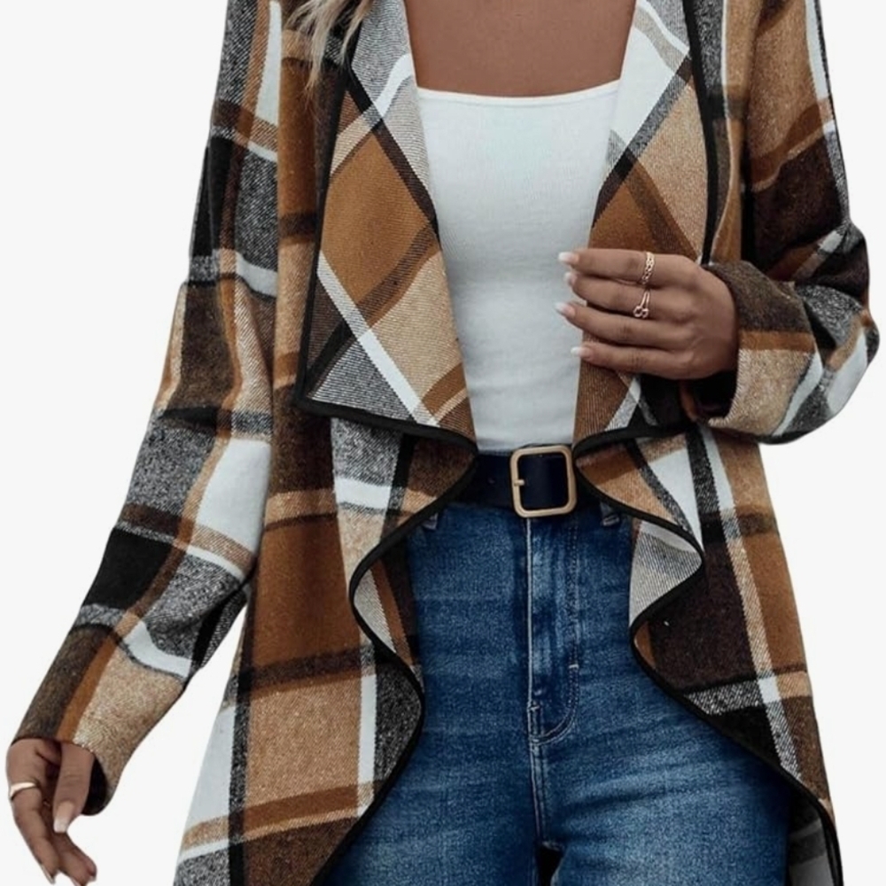 Chic Plaid Waterfall Cardigan - Tan and Black